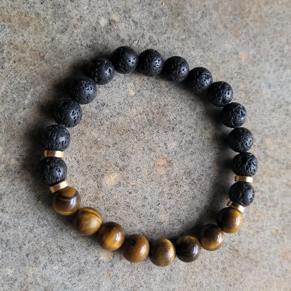 Unisex Tiger's Eye Mala Bead Lava Bead Handmade Bracelet - Picture 5 of 5